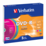 VERBATIM 43557 DVD-R 4,7GB/16x/színes írható felület/egyszer írható DVD 5db/csomag