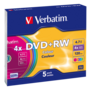 VERBATIM 43297 DVD+RW 4,7GB/4x/színes írható felület/újraírható DVD 5db/csomag