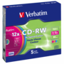 VERBATIM 43167 CD-RW 700MB/12x/színes írható felület/újraírható slim CD 5db/csomag