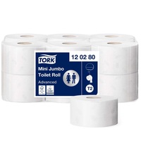 Toalettpapír 2 rétegű közületi átmérő: 18,8 cm 850 lap/170 m/tekercs 12 tekercs/csomag Mini Jumbo Tork_120280 fehér