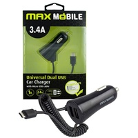 Max Mobile 3.4A univerzális 2xUSB fekete autós töltő Micro USB kábellel