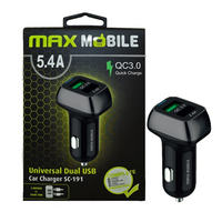 Max Mobile Qualcomm 5,4A univerzális 2x USB fekete autós gyorstöltő
