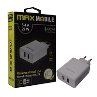 Max Mobile TR-275 QC 3.0 5.4A univerzális 2x USB fehér hálózati gyorstöltő