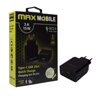 Max Mobile QC 3.0 3A univerzális USB fekete hálózati gyorstöltő + USB Type-C kábel