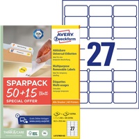 Avery L4737REV-65 63,5x29,6 mm visszaszedhető univerzális 50+15 lap 1755 db-os etikett