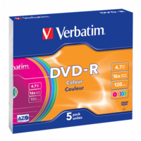 VERBATIM 43557 DVD-R 4,7GB/16x/színes írható felület/egyszer írható DVD 5db/csomag