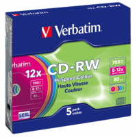 VERBATIM 43167 CD-RW 700MB/12x/színes írható felület/újraírható slim CD 5db/csomag