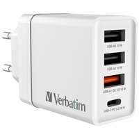 Verbatim 49701 CHR-30EU2 USB 30W 1xUSB-C PD 20W/1xUSB-A QC 3.0/2xUSB-A 10W fehér hálózati töltő Verbatim 49701 CHR-30EU2 USB 30W 1xUSB-C PD 20W/1xUSB-A QC 3.0/2xUSB-A 10W fehér hálózati töltő